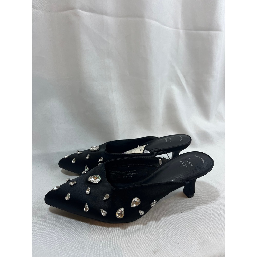 A New Day Womens Black Satin Rhinestone Pointed Toe Kitten Heel Mules Size 6.5